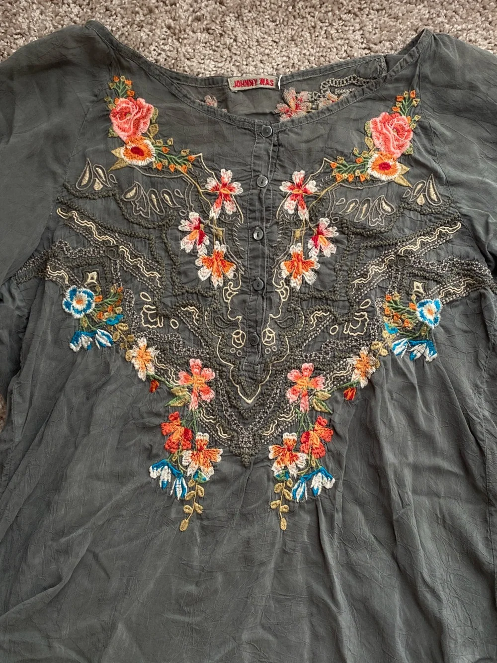 Johnny Was Green Linnet Boho Faire Embroidered Floral Peasant Blouse Large - Picture 2 of 10